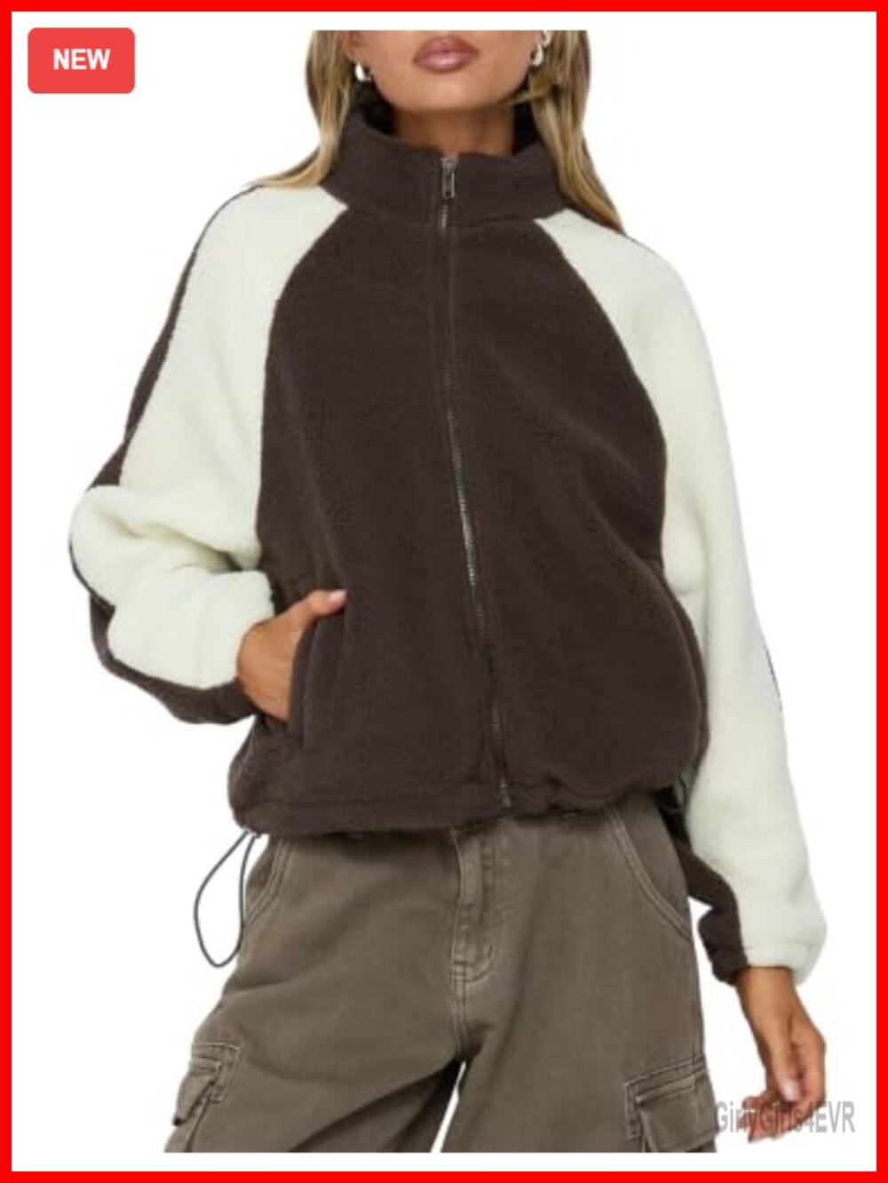 Sherpa Fleece Zip Up Jacket Color Block Warm Coat Oversized